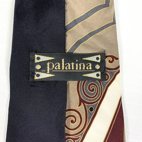Vintage Palatina Italian Silk Abstract Mens Neck Tie 4 x 5 Burgundy Navy Taupe - Picture 2 of 5